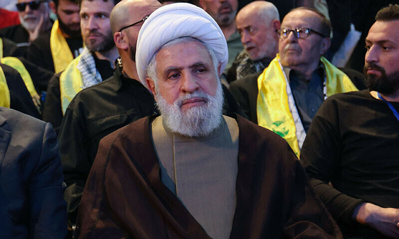 Deputy chief of the Lebanese Hezbollah group Naim Qassem attends a commemoration ceremony at the memorial grave of slain Hezbollah commander Imad Mughniyeh on April 5, 2024
