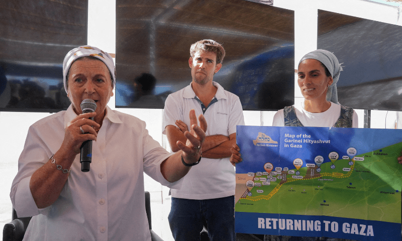 Daniella Weiss, founder of Nachala, an Israeli settlers organization, speaks during a conference on the resettlement of the Gaza Strip, in Be’eri in southern Israel on October 21. — Reuters