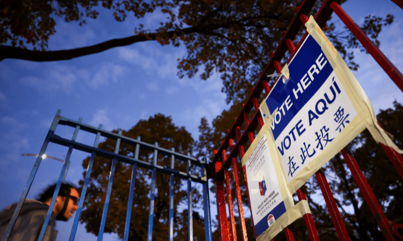 A &ldquo;vote here&rdquo; sign is displayed at PS 20 Anna Silver Elementary School, on Election Day for the 2024 US presidential election in Manhattan, New York City, US on November 5.  &mdash; Reuters