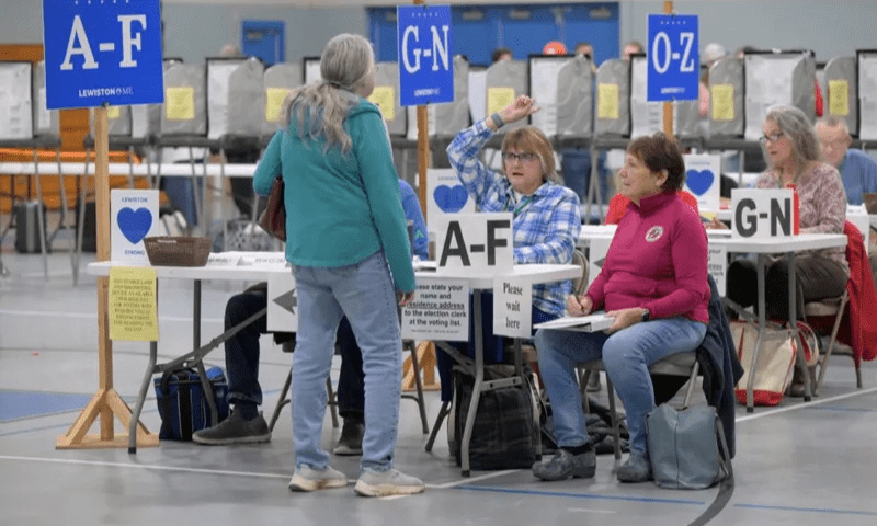 The state with the fewest electoral college votes is Maine, with four. People cast their vote at Longley Elementary School in Maine&rsquo;s 2nd congressional district. &mdash; Reuters