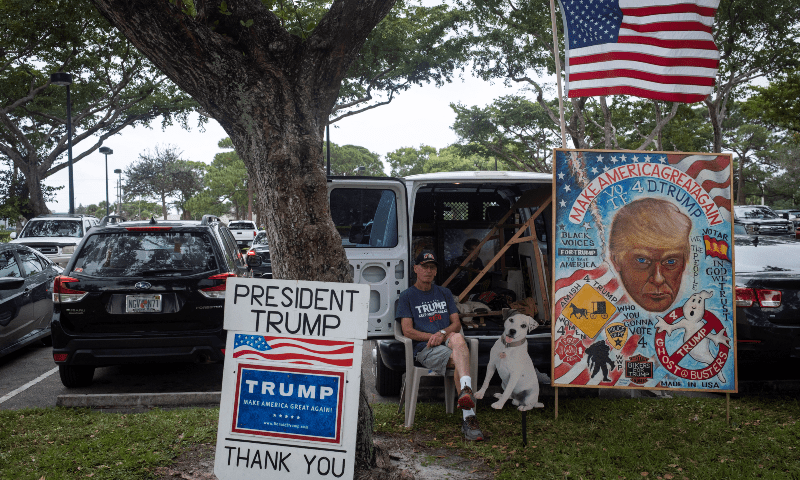  Joseph Borucki, an artist and supporter of Republican presidential nominee Donald Trump, sits outside a polling station in West Palm Beach, Florida, US on November 5. &mdash; Reuters 