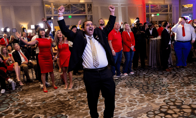 Supporters of Republican presidential nominee Donald Trump react as they watch early election results at a 2024 US Presidential Election Night Watch Party, in Atlanta, Georgia, on November 5. — Reuters