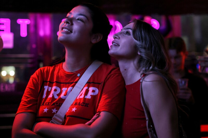 Supporters of Republican presidential nominee former US President Donald Trump look at screens (not pictured) showing Trump speak from the Palm Beach County Convention Center. &mdash; Reuters