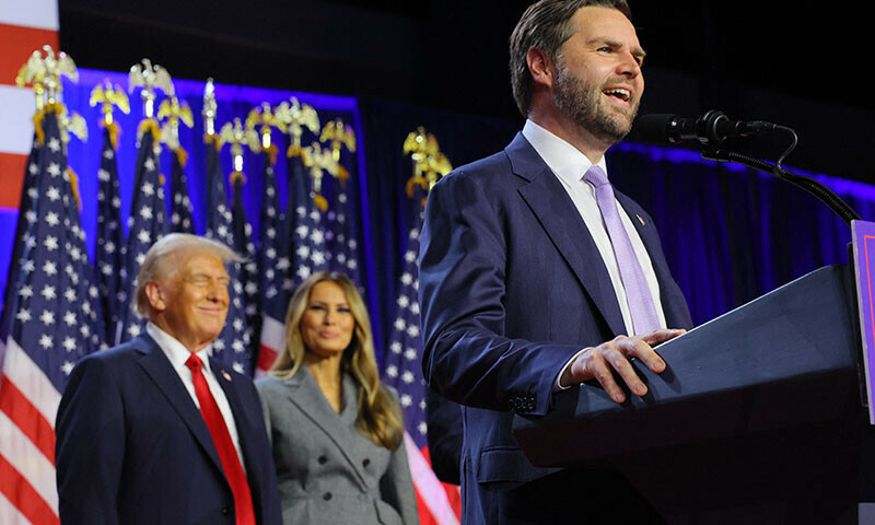 JD Vance speaks as Republican presidential nominee and former US President Donald Trump and his wife Melania watch as he addresses supporters at Trump&rsquo;s rally, at the Palm Beach County Convention Center in West Palm Beach, Florida, US on November 6. &mdash; Reuters