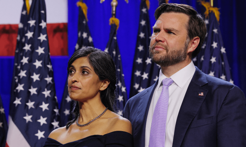  Republican vice presidential nominee JD Vance and his wife Usha listen as Donald Trump speaks at his election night rally at the Palm Beach County Convention Center in West Palm Beach, Florida, on November 6. &mdash; Reuters 