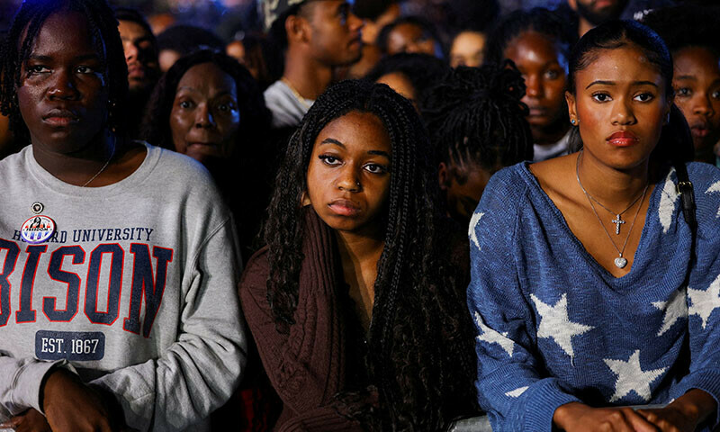 Attendees react to early election results at Democratic presidential nominee US Vice President Kamala Harris&rsquo; election night rally during the 2024 US presidential election, at Howard University, in Washington, US on November 5. &mdash; Reuters