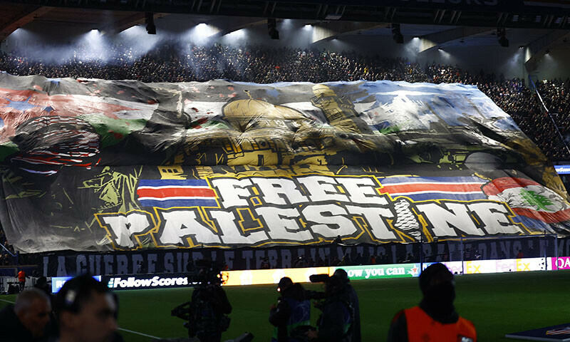 A &lsquo;Free Palestine&rsquo; banner unfurled by Paris Saint-Germain supporters at a Champions League match. &mdash; AFP