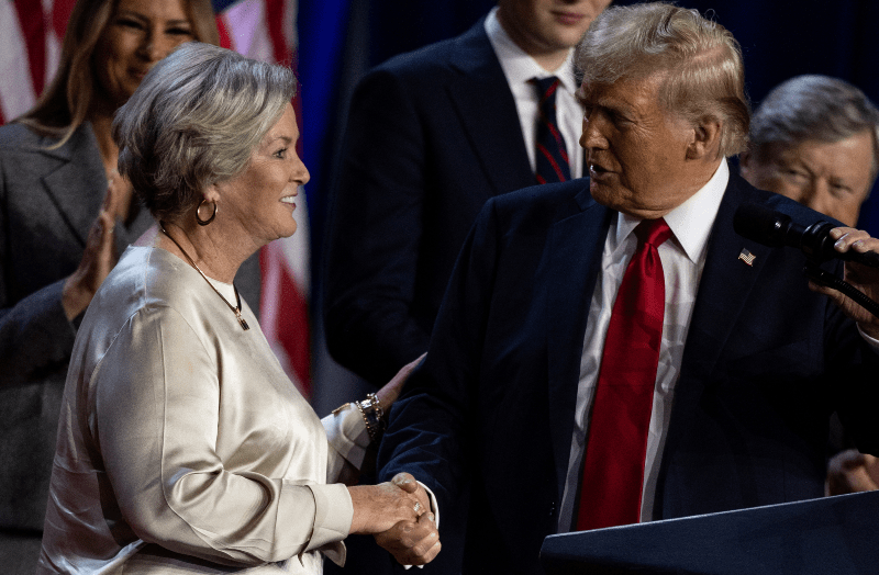  Donald Trump shakes hands with his senior advisor Susie Wiles as he speaks, following early results from the 2024 US presidential election in Palm Beach County Convention Center, in West Palm Beach, Florida, on November 6. &mdash; Reuters 