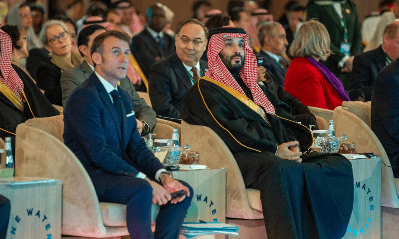  This handout picture shows Crown Prince Mohammed Bin Salman (C) and French President Emmanuel Macron (L) attending the One Water Summit in the capital Riyadh on Dec 3, 2024. &mdash;Saudi Ministry of Media via AFP 