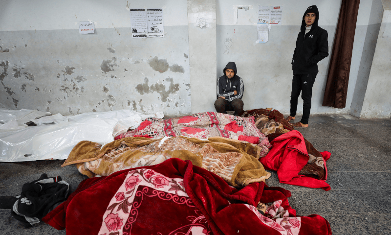  A mourner sits near the bodies of Palestinians killed in Israeli strikes, according to medics, at Al-Ahli Arab Baptist Hospital in Gaza City on Jan 8, 2025. &mdash; Reuters/Dawoud Abu Alkas 