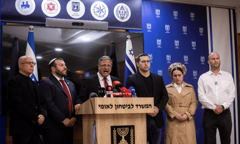 Israeli National Security Minister and head of Jewish Power party Itamar Ben-Gvir is flanked by members of his party as he gives a statement to members of the press, ahead of a possible ceasefire between Israel and Hamas, in Jerusalem, on Jan 16, 2025. — Reuters/Oren Ben Hakoon