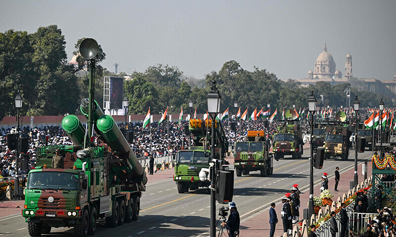 Indian Army’s Brahmos missile system (L) takes part country’s 76th Republic Day parade in New Delhi on January 26. — AFP