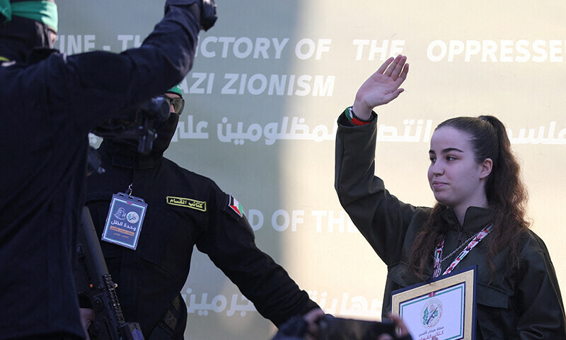 Hamas releases female Israeli soldier Agam Berger held in Gaza since the deadly October 7 2023 attack, as part of a ceasefire and a hostages-prisoners swap deal between Hamas and Israel, in Jabalia, in the northern Gaza Strip on January 30. — Reuters