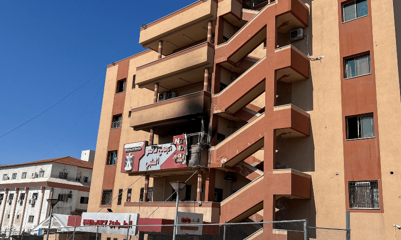  The building of the surgery department at Nasser Hospital is damaged in the aftermath of an Israeli strike in Khan Younis, in the southern Gaza Strip on March 24, 2025. &mdash; Reuters/Hussam Al-Masri 