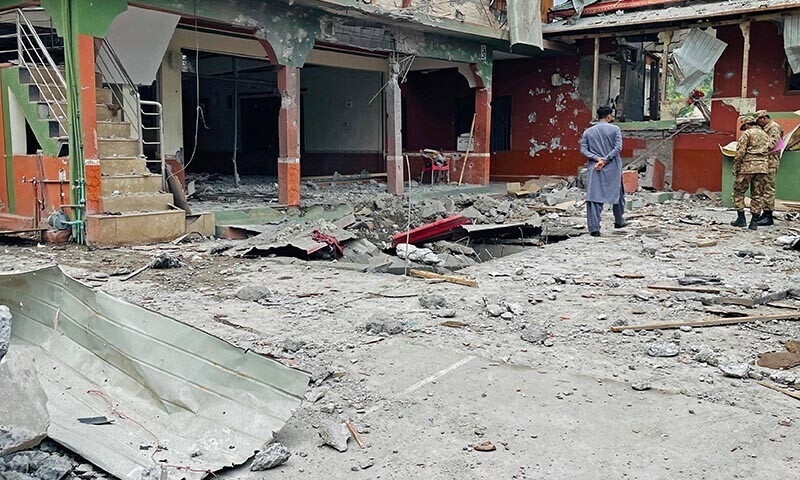 Soldiers inspect the debris of a mosque after Indian strikes in Muzaffarabad on May 7. &mdash; AFP
