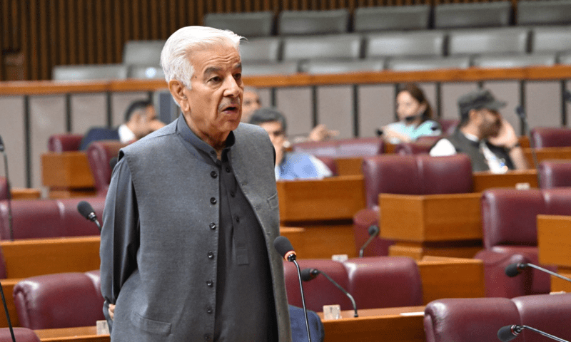 Defence Minister Khawaja Asif speaks in the National Assembly. &mdash; Photo via X/@NAofPakistan