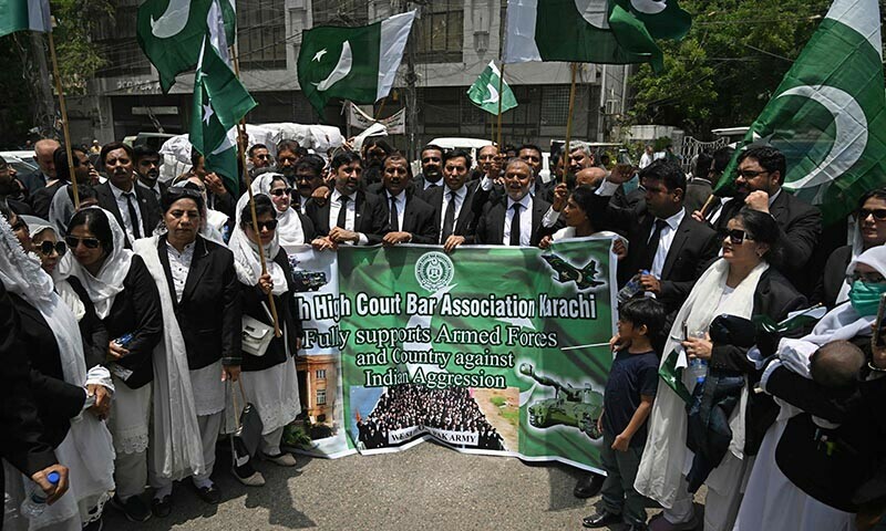 Lawyers in Karachi march in support of the Pakistan armed forces on May 9. &mdash; AFP