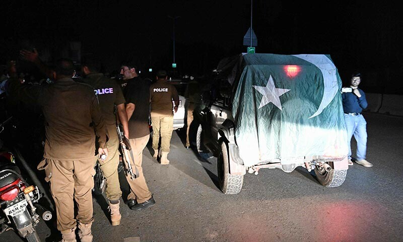 Security personnel cordon off a road near Nur Khan military airbase after Indian strikes in Rawalpindi on May 10. &mdash; AFP