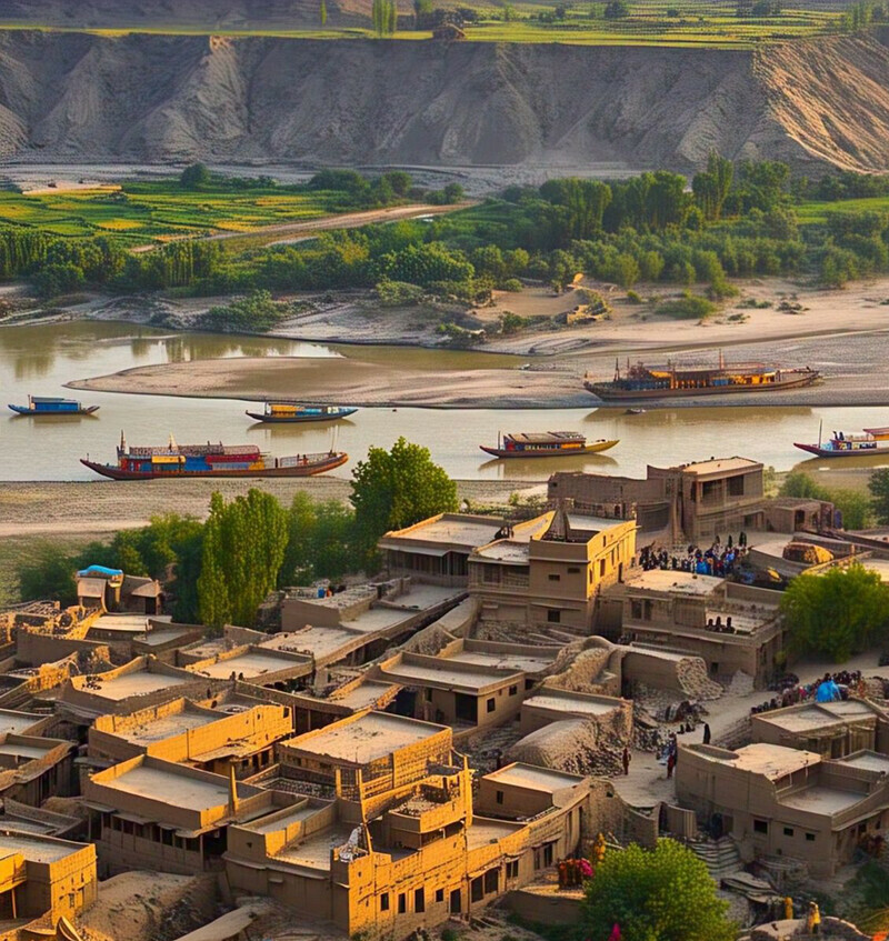 دریائے سندھ کے مغربی کنارے پر جھرک بستی— اے آئی