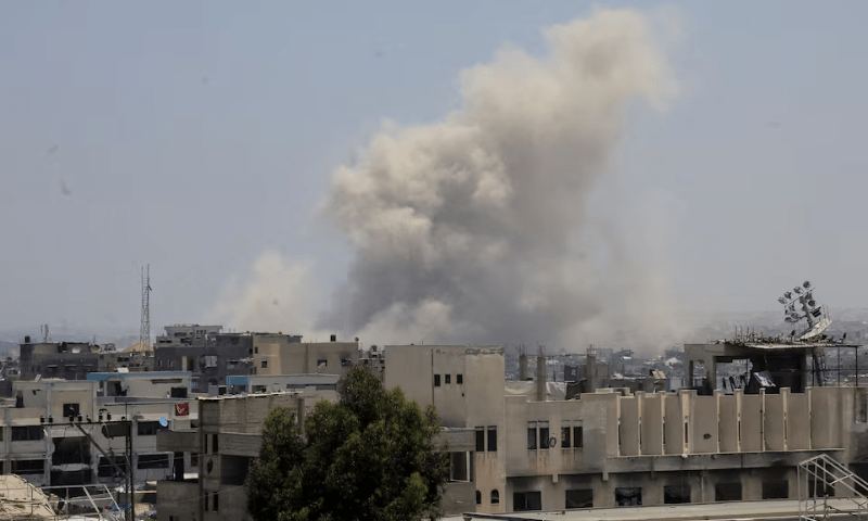 Smoke rises following Israeli strikes, in Khan Younis, in the southern Gaza Strip on June 16. &mdash; Reuters