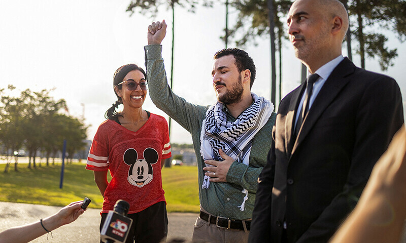 Columbia University graduate Mahmoud Khalil speaks to media after being released from immigration custody in Jena, Louisiana, US on June 20, 2025. &mdash;Reuters