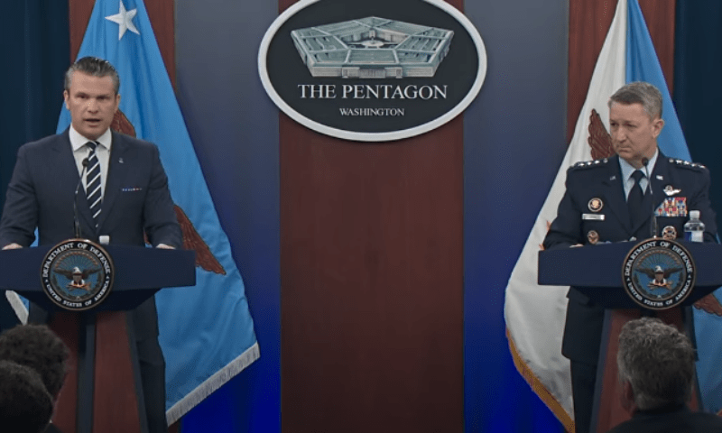 Chairman of the US Joint Chiefs of Staff Dan Caine (R) and US Defence Secretary Pete Hegseth (L) address a media briefing on US attacks on Iran’s nuclear facilities in Washington, on June 22, 2025. — screengrab via Fox News YouTube