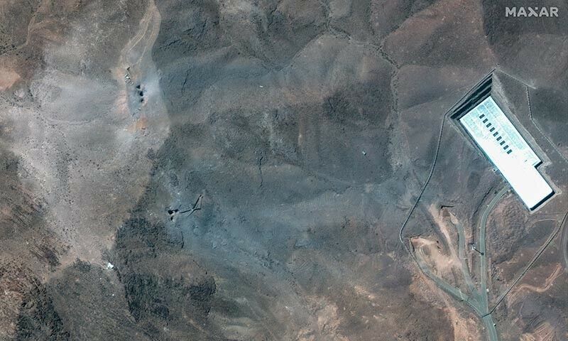 A closer satellite view shows the ridge at Fordow underground complex, after the US struck the underground nuclear facility, near Qom, Iran on June 22. &mdash; Reuters