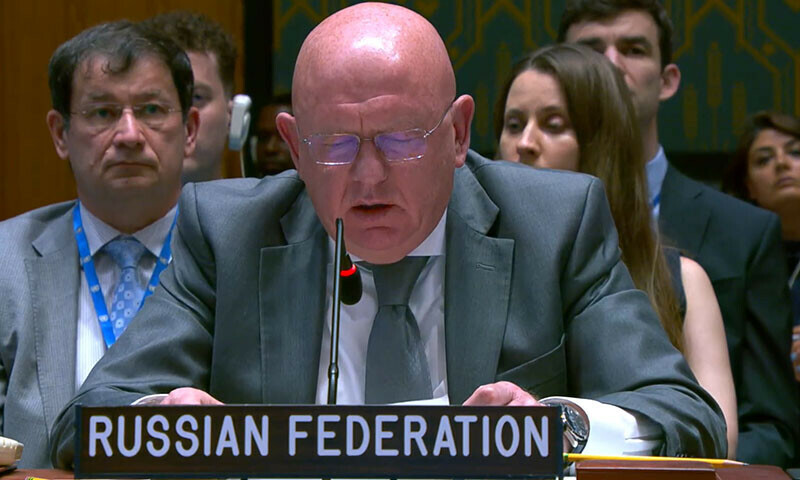 Russian Ambassador to the UN Vasily Nebenzya addresses the UN Security Council on June 22. &mdash; United Nations