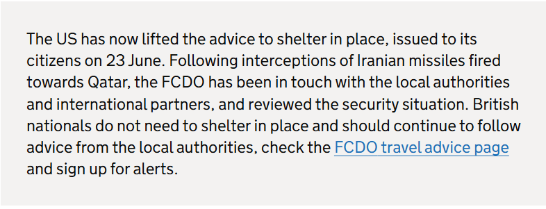 A message from the British government telling citizens that the shelter-in-place warning has been lifted. &mdash; Foreign, Commonwealth and Development Office