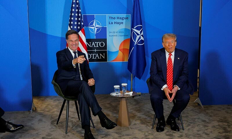 US President Donald Trump reacts next to NATO Secretary General Mark&nbsp;Rutte at the Nato summit in The Hague, Netherlands on June 25. &mdash; Reuters