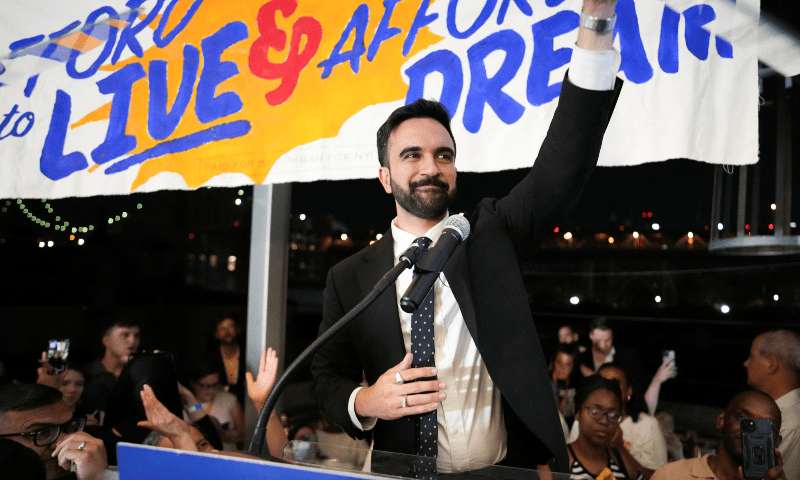 Zohran Mamdani gestures as he speaks during a watch party for his primary election, which includes his bid to become the Democratic candidate for New York City mayor in the upcoming November 2025 election, in New York City, US on June 25, 2025. &mdash; Reuters