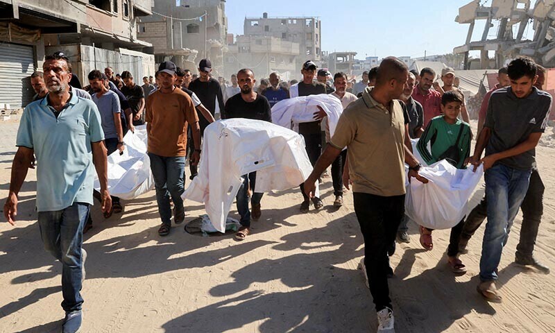 Mourners carry the bodies of Palestinians, who, according to Gaza&rsquo;s health ministry, were killed in an overnight Israeli strike on a tent, outside Nasser Hospital in Khan Younis, southern Gaza Strip on July 3, 2025. &mdash; Reuters