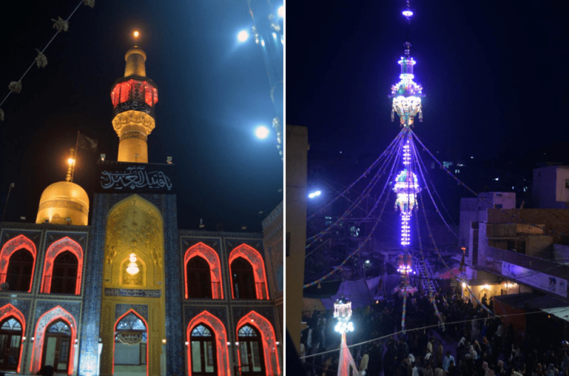  <strong>Left:</strong> A view of imambargah Astana-e-Quds located in Tando Thoro, an old locality of Hyderabad, that was rebuilt around five years back resembling shrine of Imam Raza in Mashhad. It is built on the pattern of Iranian architecture. <strong>Right:</strong> An alam erected in the grounds of an imambargah 
