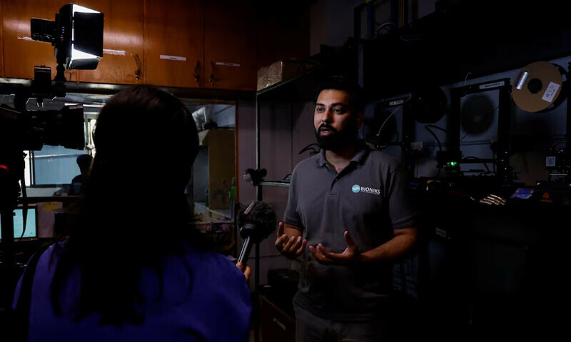 Anas Niaz, mechatronic engineer and CEO of Bioniks, speaks with Reuters in Karachi, April 29, 2024. — Reuters