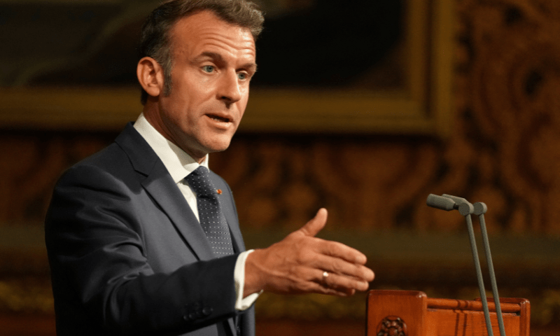 French President Emmanuel Macron addresses parliament in the Palace of Westminster, London on Tuesday, July 8, 2025. — Reuters