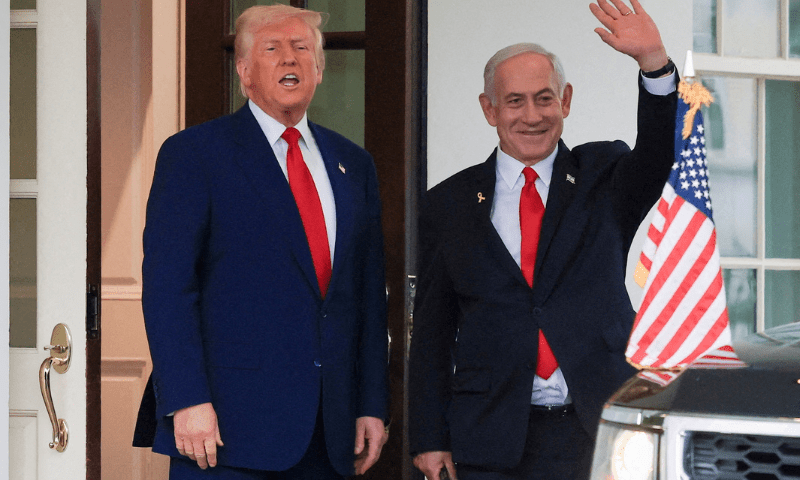 US President Donald Trump speaks as Israeli Prime Minister Benjamin Netanyahu waves following a meeting in the White House, in Washington, US, on April 7, 2025. — Reuters