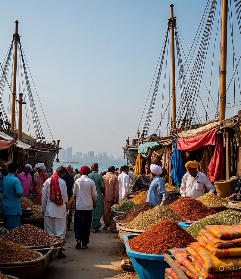    کراچی بندرگاہ پر 19ویں صدی میں خرید و فروخت کا منظر—تصویر: اے آئی   