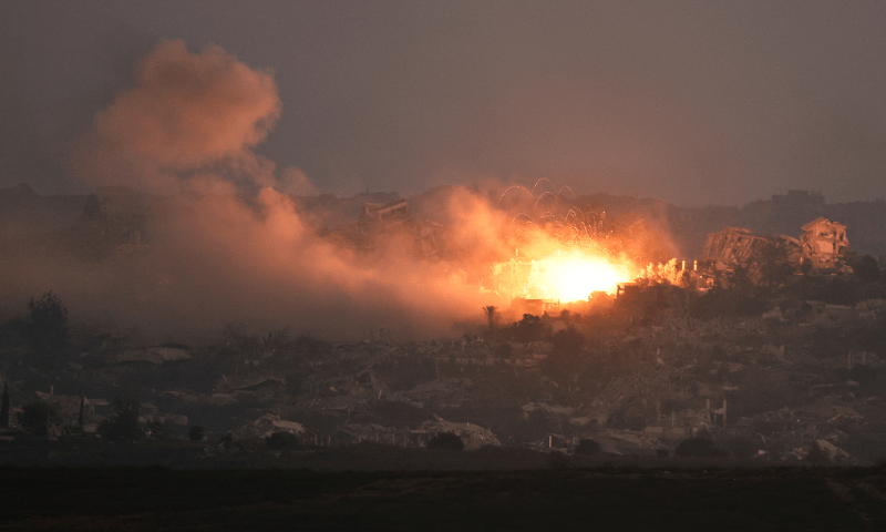  Smoke and flames from an explosion, as seen from the Israeli side of the Israel-Gaza border on July 10, 2025. &mdash; Reuters 