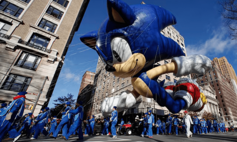 The Sonic the Hedgehog balloon floats down Central Park West during the 87th Macy’s Thanksgiving Day Parade in New York on November 28, 2013. — Reuters