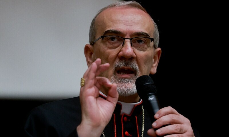 Latin Patriarch of Jerusalem Pierbattista Pizzaballa attends a press conference after a trip to Gaza where he visited a church shelled by Israel, in Jerusalem. &mdash; Reuters