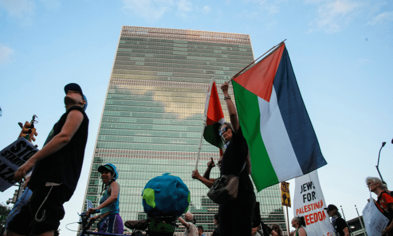  People march in front of the United Nations headquarters as they participate in a &ldquo;Stop Starving Gaza Now&rdquo; protest during the ongoing conflict between Israel and Hamas, in New York City, US on July 22, 2025. &mdash; Reuters 