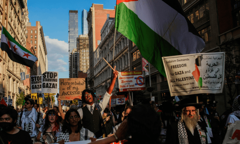  People march as they participate in a &ldquo;Stop Starving Gaza Now&rdquo; protest during the ongoing conflict between Israel and Hamas, in New York City, US on July 22, 2025. &mdash; Reuters 