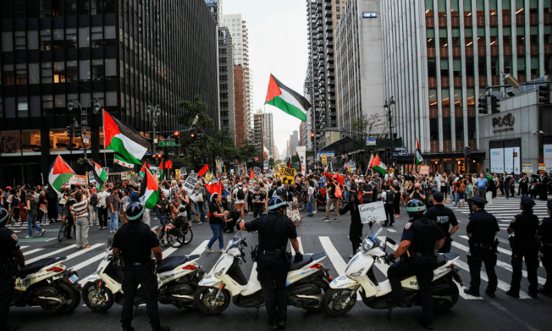  New York Police officers stand guard near the consulate general of Israel while people march along 42nd street as they participate in a &ldquo;Stop starving Gaza&rdquo; protest during the ongoing conflict between Israel Hamas, in New York City, US on July 22, 2025. &mdash; Reuters 