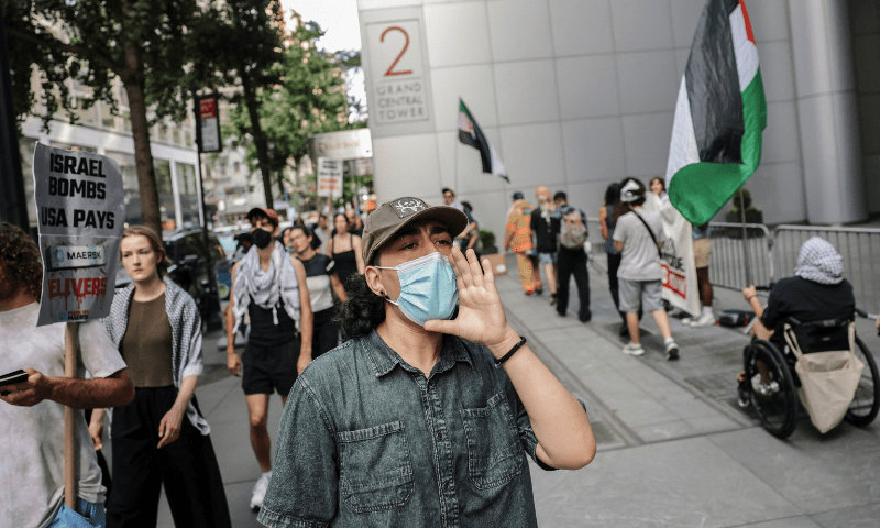  A demonstrator chants outside Maersk&rsquo;s New York City office during a protest in support of Palestinians in Gaza, in Manhattan, New York City on July 24, 2025. &mdash; Reuters 
