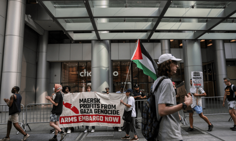  People display signs outside Maersk&rsquo;s New York City office during a protest in support of Palestinians in Gaza, in Manhattan, New York City on July 24, 2025. &mdash; Reuters 