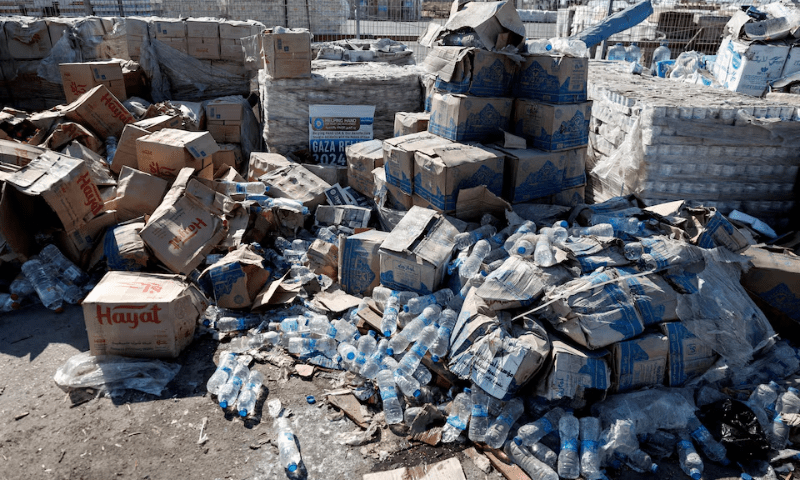 Parcels of humanitarian aid await transfer into Gaza, at the Gaza side of the Kerem Shalom crossing in the Gaza Strip, July 24, 2025. &mdash; Reuters