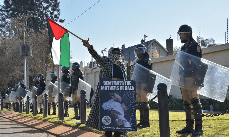  An activist waves a flag during a protest over the hunger crisis in Gaza and in solidarity with Palestinians, outside United Arab Emirates embassy in Pretoria, South Africa on August 1, 2025. &mdash; Reuters 