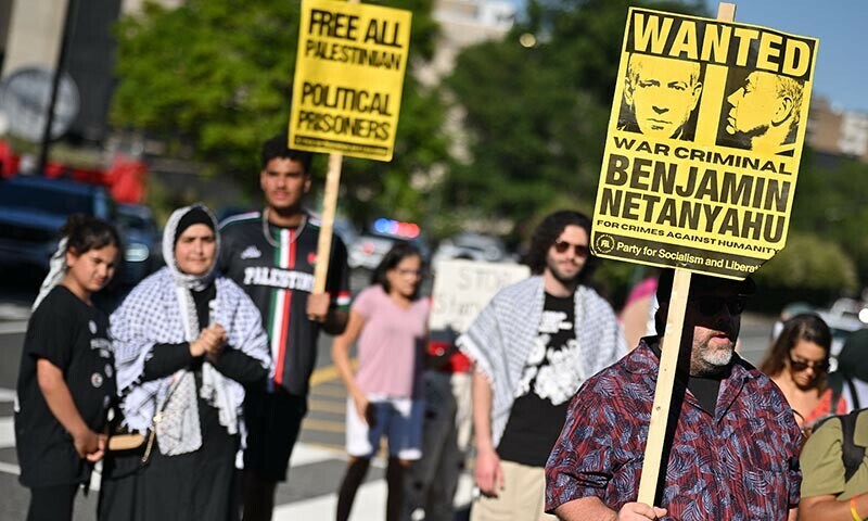 People participate in the &ldquo;Break the Siege on Gaza&rdquo; protest outside the Israeli Embassy in Washington, DC, on August 9, 2025. &mdash; AFP