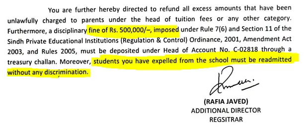 اظہار وجوہ میں اسکول پر بھاری جرمانہ اور نکالے جانے والے طلبہ کو دوبارہ داخل کرنے کا حکم دیا گیا ہے۔