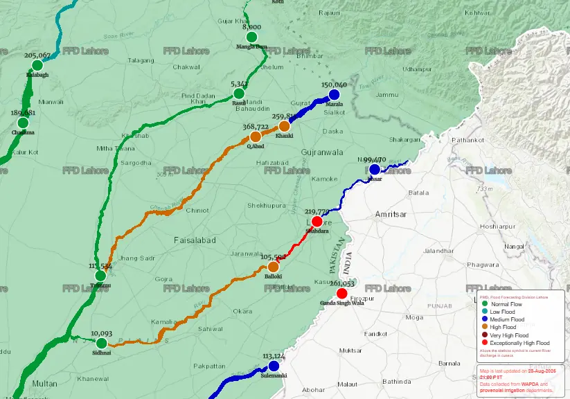 A screenshot of a map showing water levels on different rivers on August 28. &mdash; Screenshot via FFD